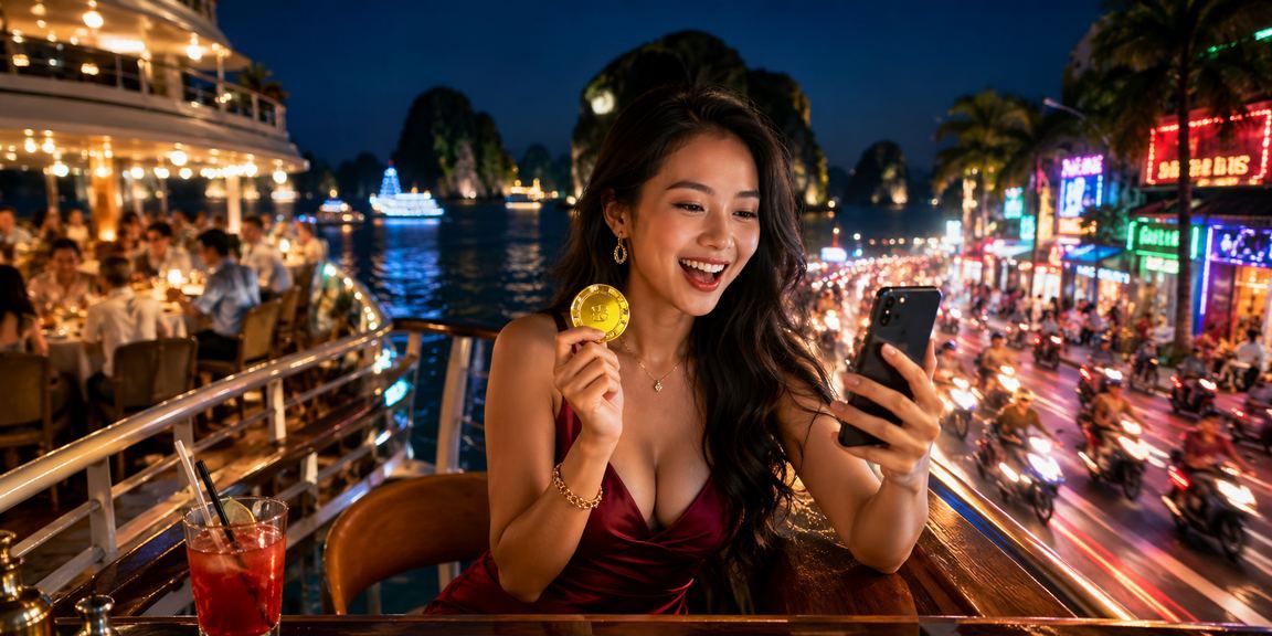Khung cảnh vịnh Hạ Long về đêm với ánh đèn neon, biểu tượng của sự kết hợp giữa thiên nhiên và giải trí hiện đại